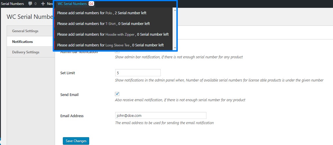 Admin bar notifications generated by WooCommerce Serial Numbers