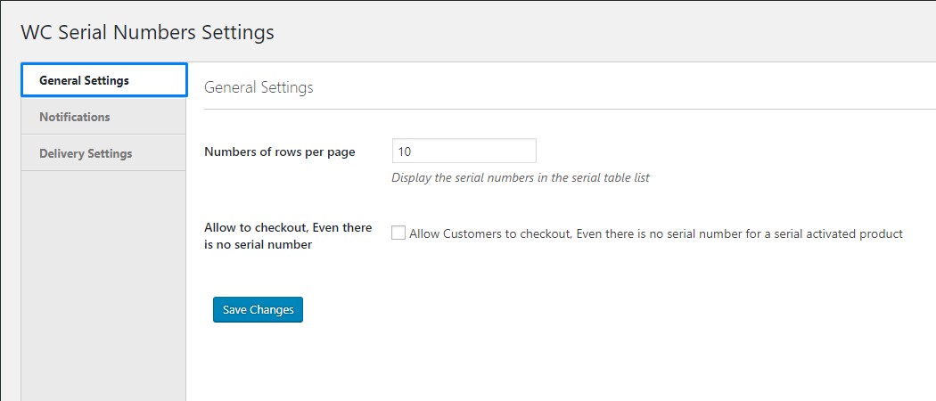 WooCommerce Serial Numbers general settings