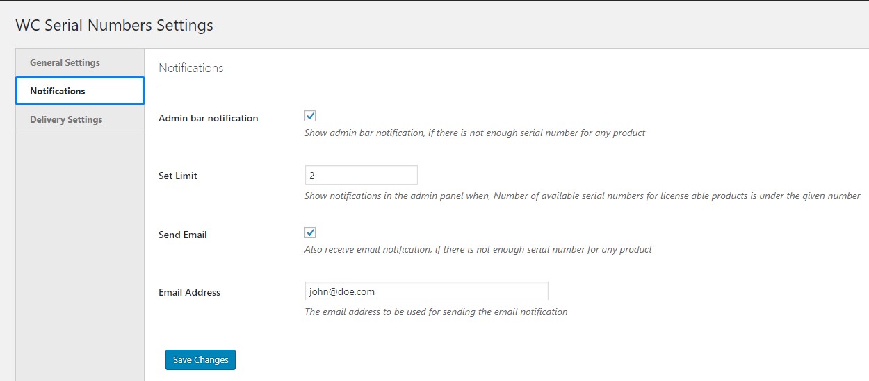 WooCommerce Serial Numbers notification settings