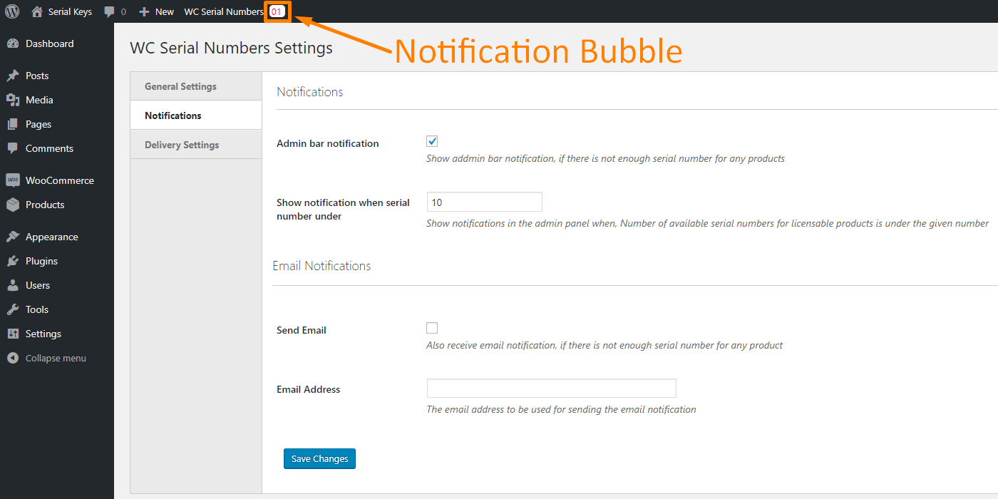 notification section of WC serial numbers