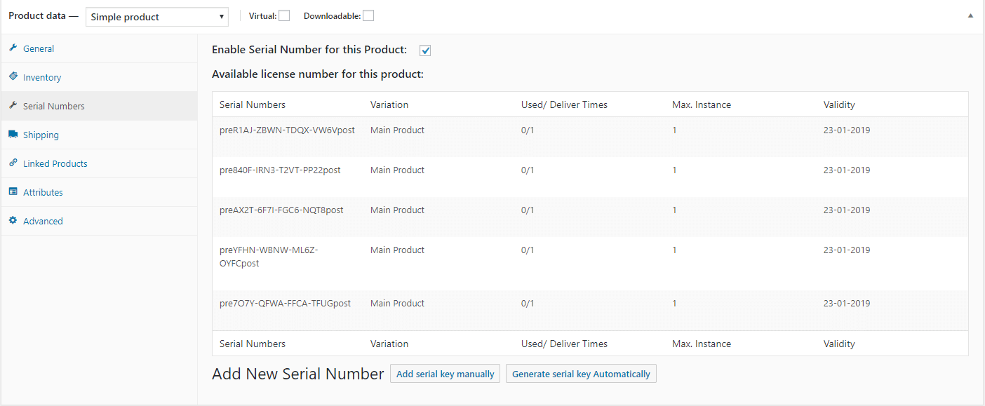 adding serial keys from product edit section